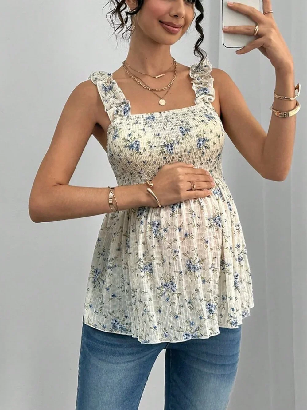 Boho Blue And White Maternity Frill Trim Women's Camisole